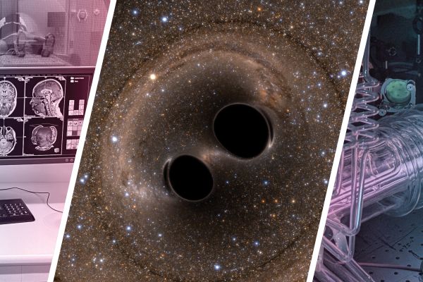 three panel image showing a scientist in a laboratory, an illustration of two black holes merging into space, and a large scientific research item