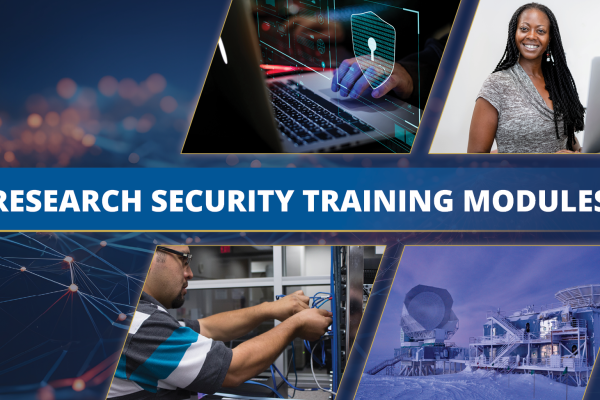 collage banner for the research security training module with images of people and technology