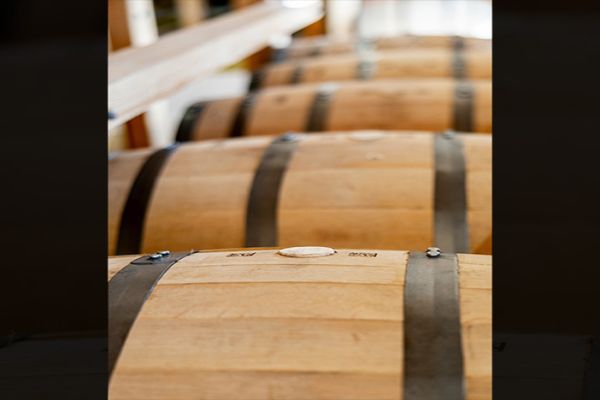 A row of whiskey barrels made of white oak