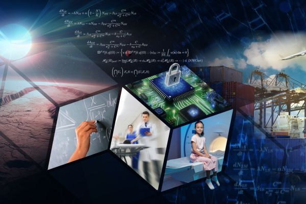A collage of images showing a planet, equations, computer chip, doctors, a child patient next to an MRI machine, shipping containers, a freight truck and a jet.