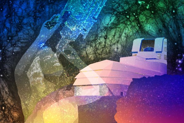 Illustrated image showing a young Vera Rubin looking through a telescope, the Vera C Rubin observatory in the background, and surrounded by dark matter and stars.