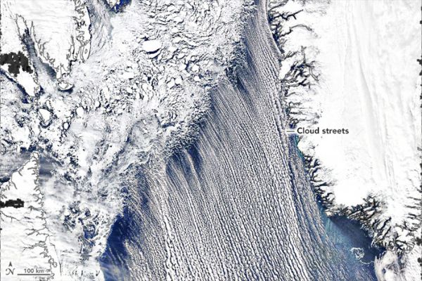 A few times every spring, the skies over the Labrador Sea fill with row after row of long, parallel bands of cumulus clouds. The magnificent organization of these clouds, known as cloud streets, was on full display when this image was acquired on April 19, 2022.