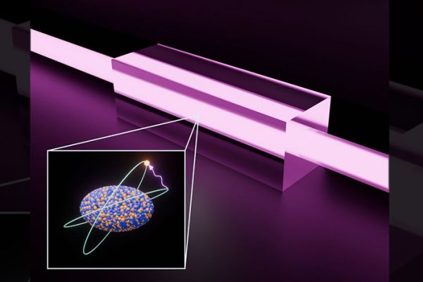 3-D illustration showing a purple rectangle and an atom inset.