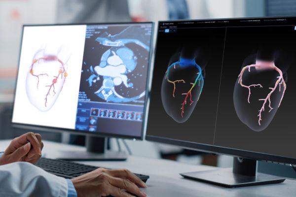 Two computer screens showing images of hearts.
