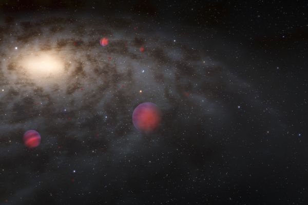 An illustration of many faint brown dwarf stars surrounding a galaxy. The galaxy occupies most of the image as a fuzzy oval disk.