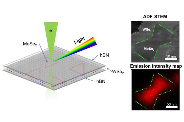 On the left is an illustration of the experimental setup from this study.Molybdenum diselenide nanodots, represented by red triangles, are embedded in tungsten diselenide and encapsulated by hexagonal boron nitride (hBN) on top and bottom. See caption for additional details.