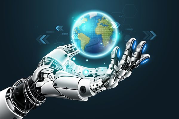 abstract image of a robot hand holding the earth globe in its hand