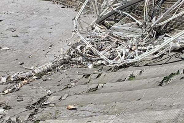 Damage sustained at the Arecibo Observatory 305-meter telescope.