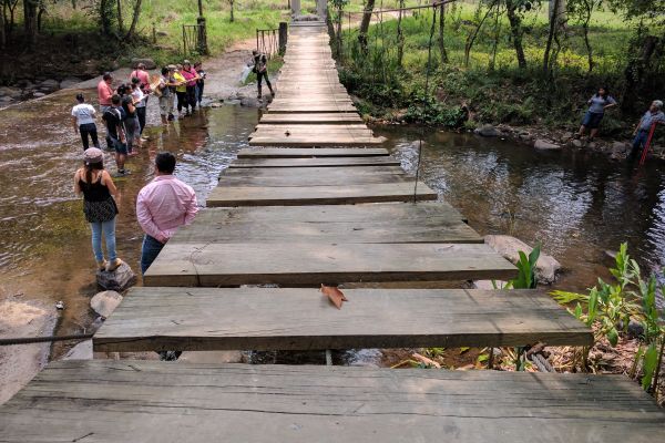 a wooden bridge over water