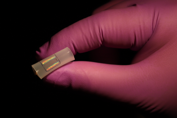 A gloved hand holding a COVID-19 sensor